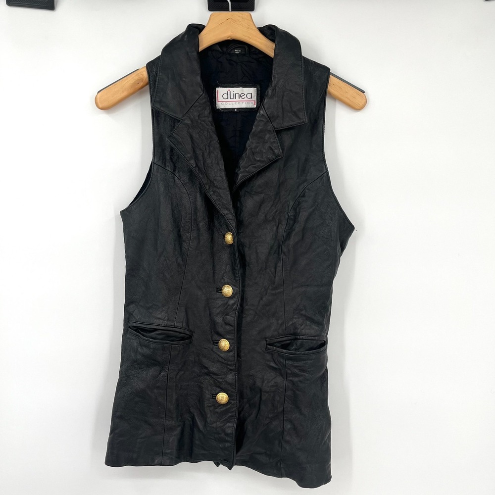 Vintage 90s D'Linea Collection Long Leather Vest Black‎ Women's Small Button Up